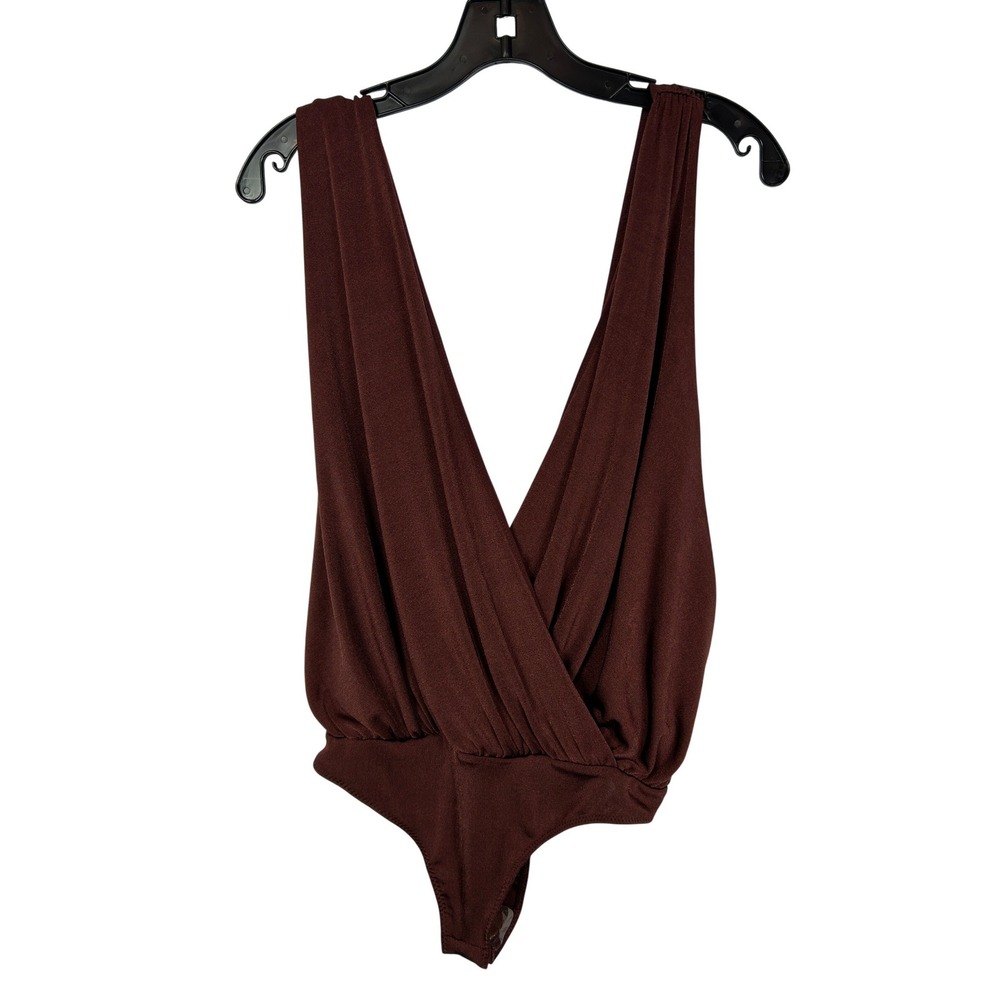 Free People Intimately Chocolate Brown Sleeveless Draped V Neck Bodysuit Large